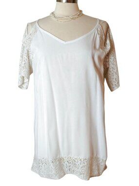 Womens L Cold Shoulder Tunic White Lace Floral Scalloped Hemline Fairy Boho